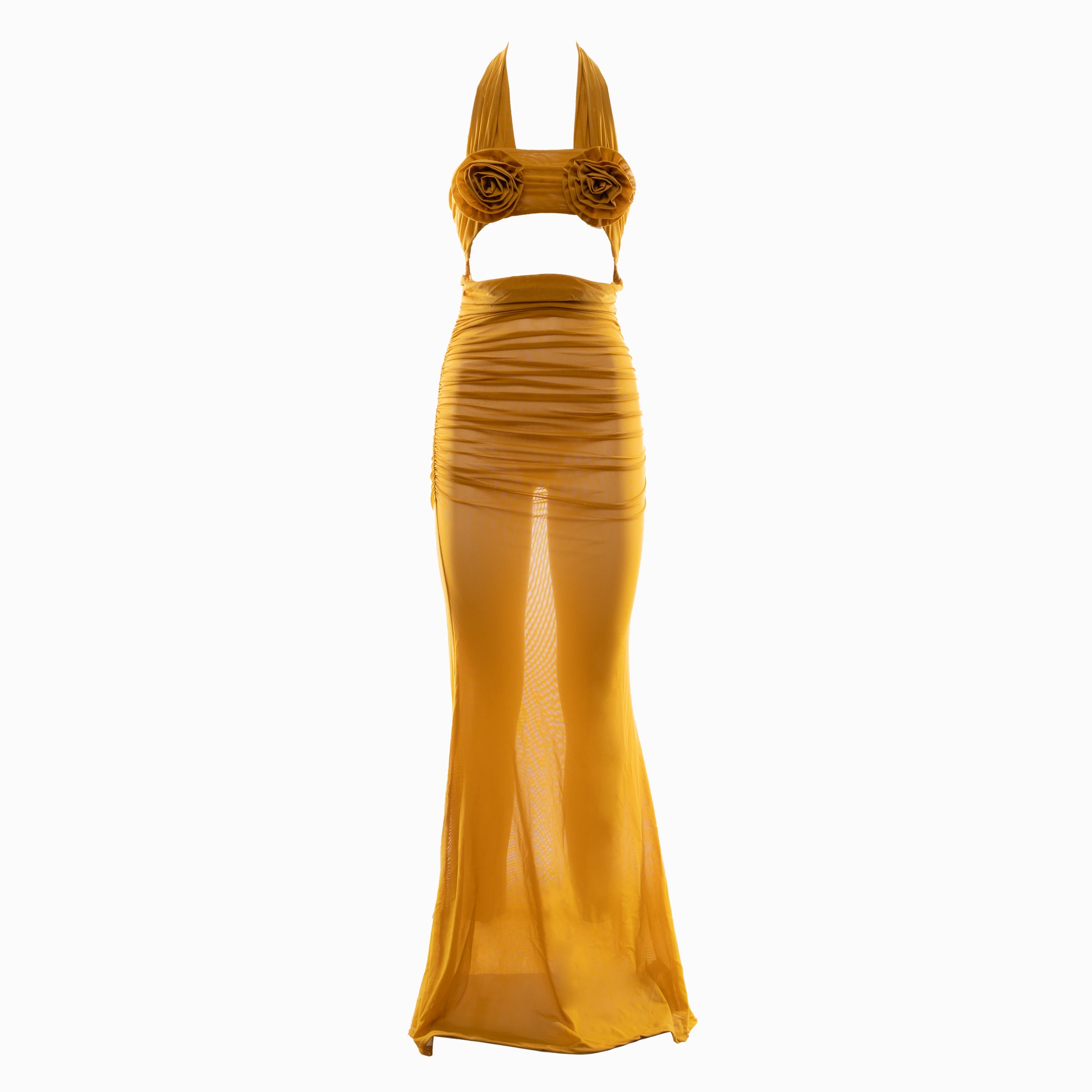 Khaki flowers mesh dress