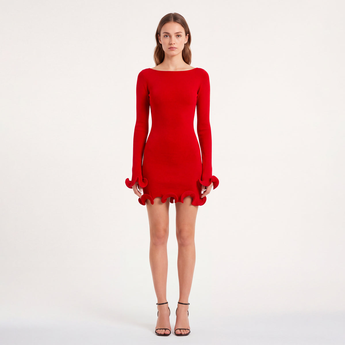 Mini abito rosso con balze in maglina