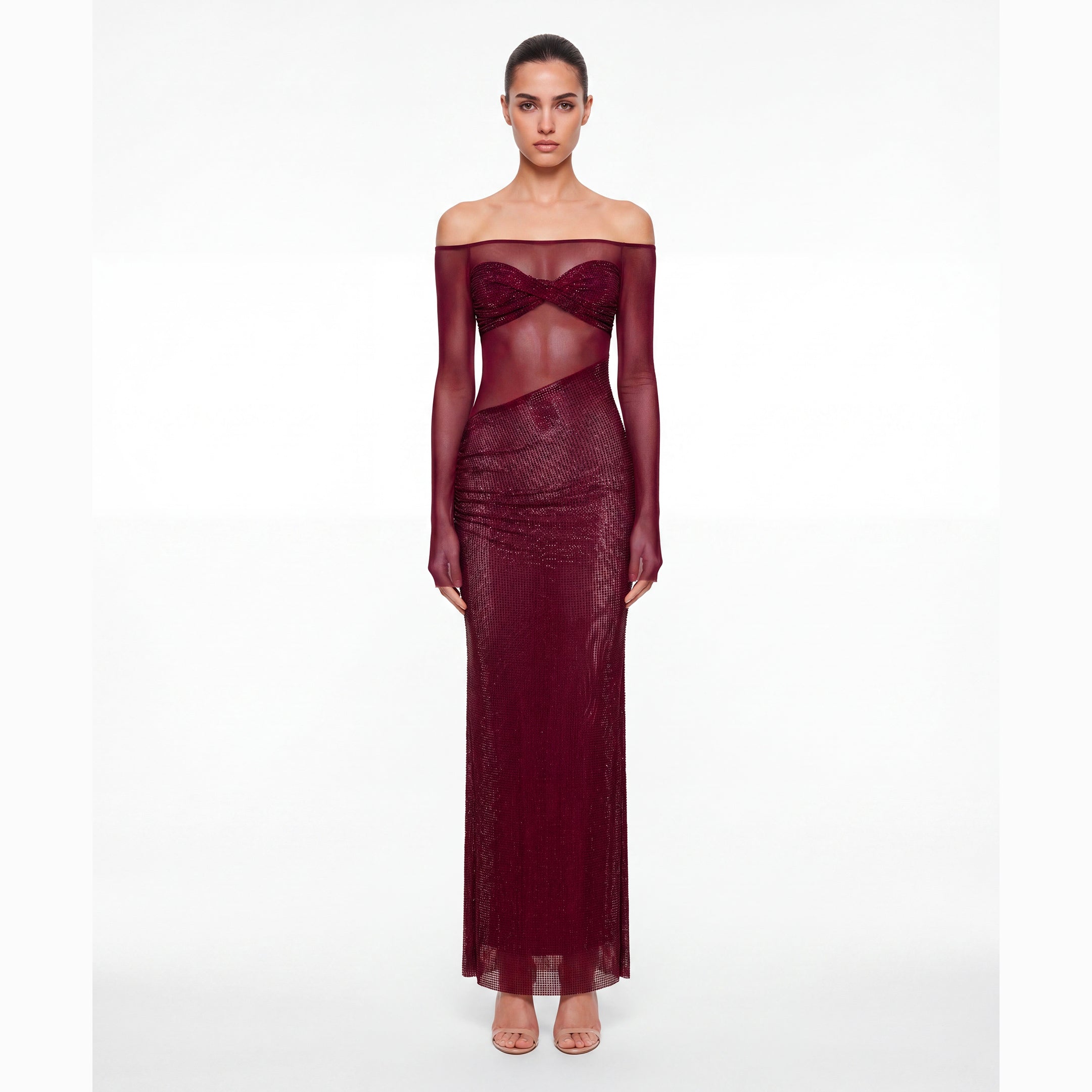 Abito lungo burgundy con scollo a fascia con cristalli in mesh