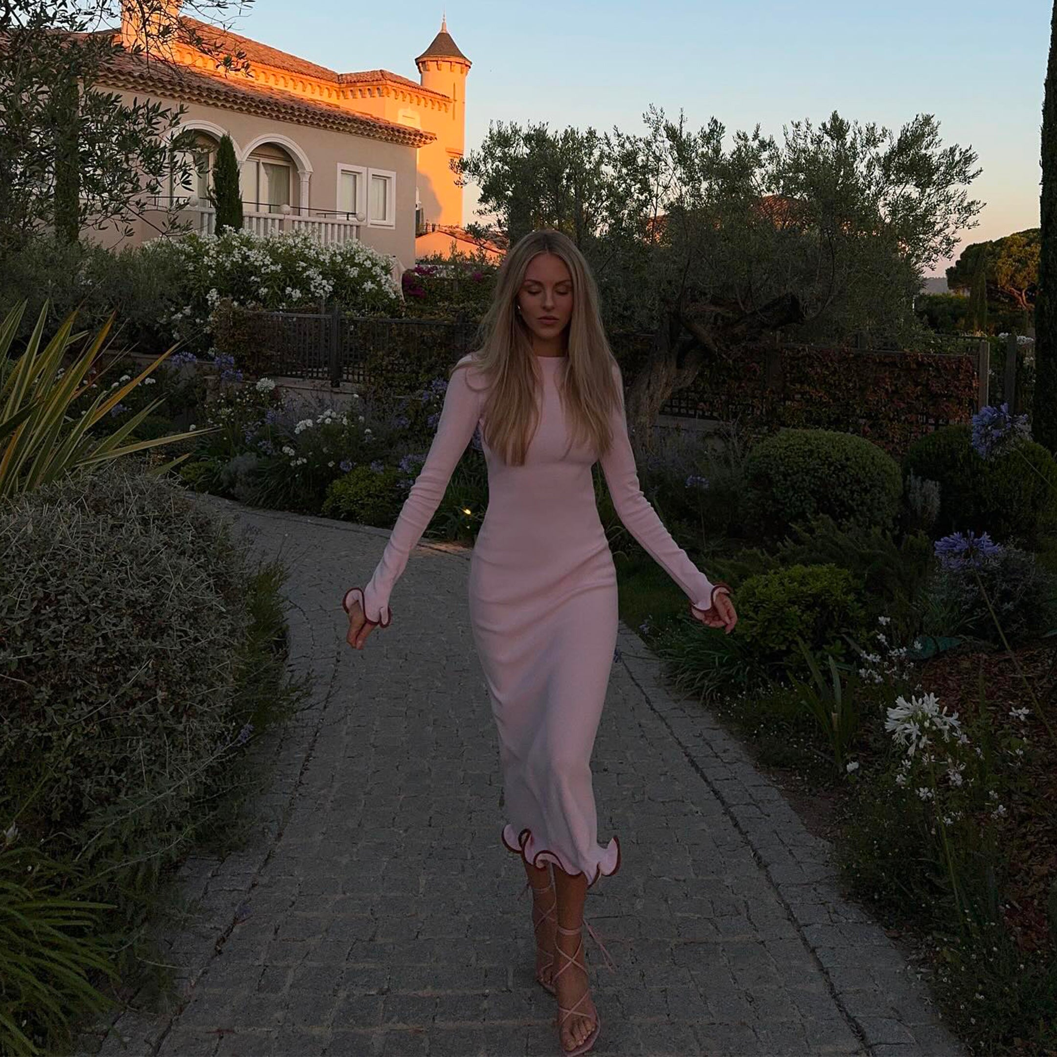 Pink ruffle hem midi dress