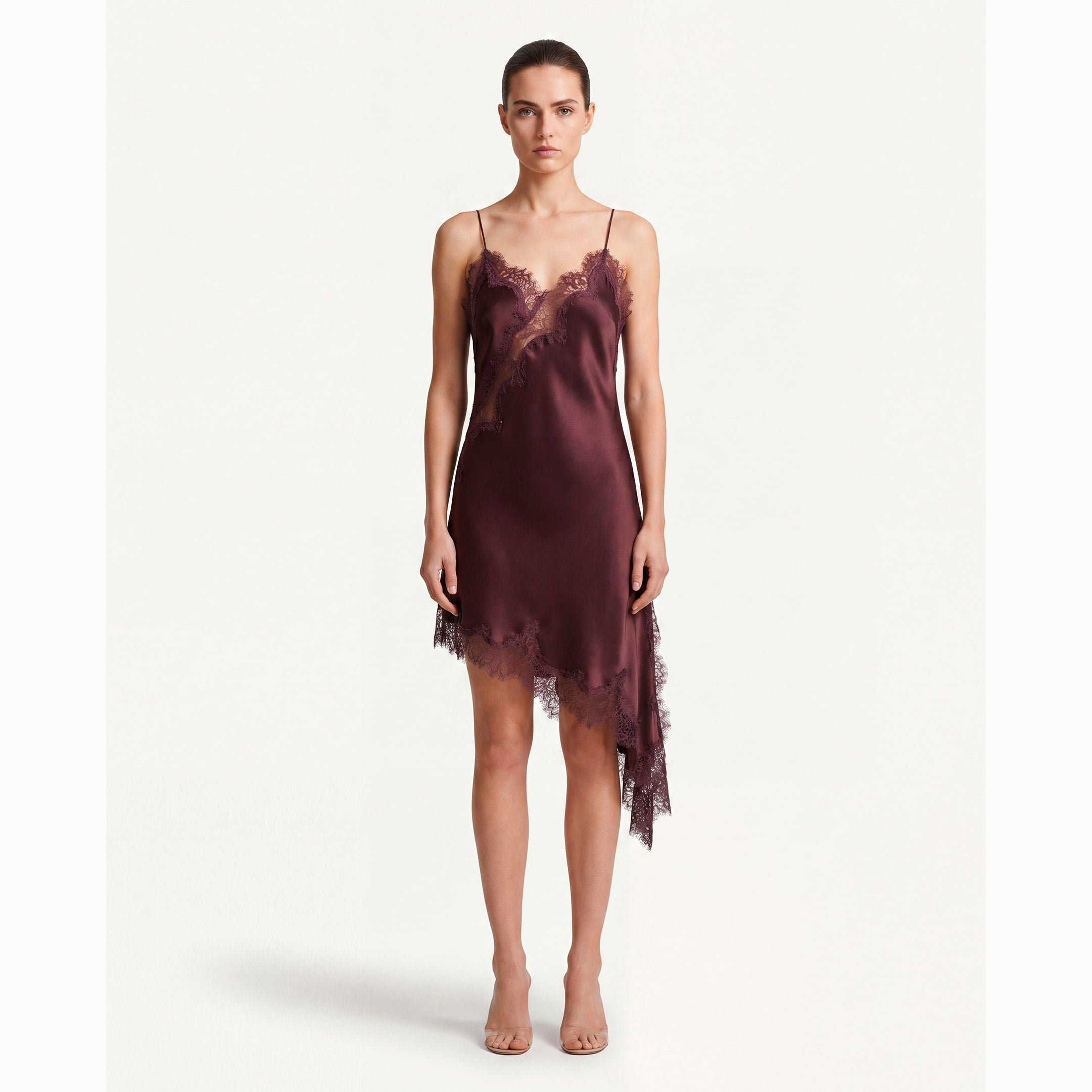 Mini abito lingerie marrone in pizzo e raso