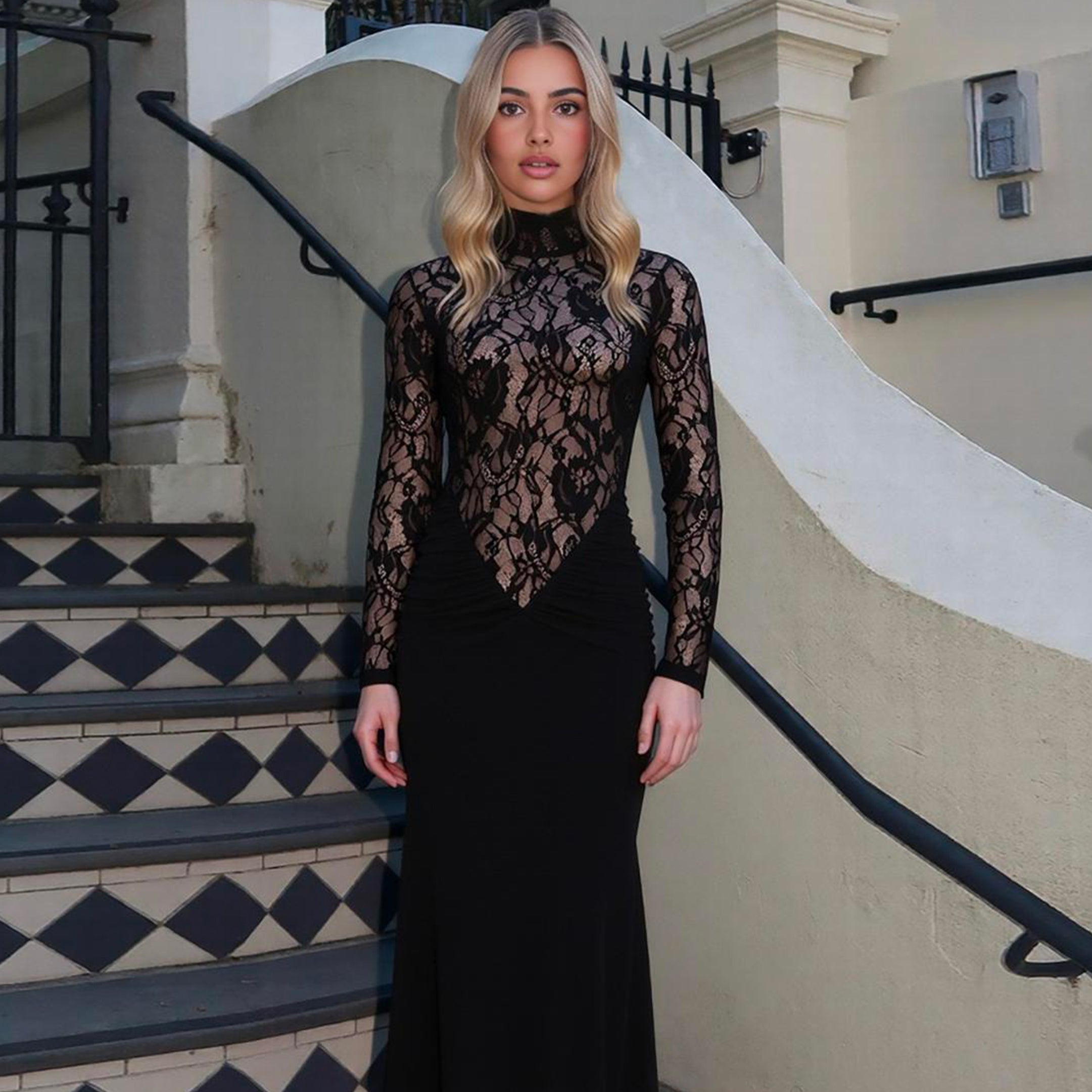 Black halter neck long sleeve lace dress