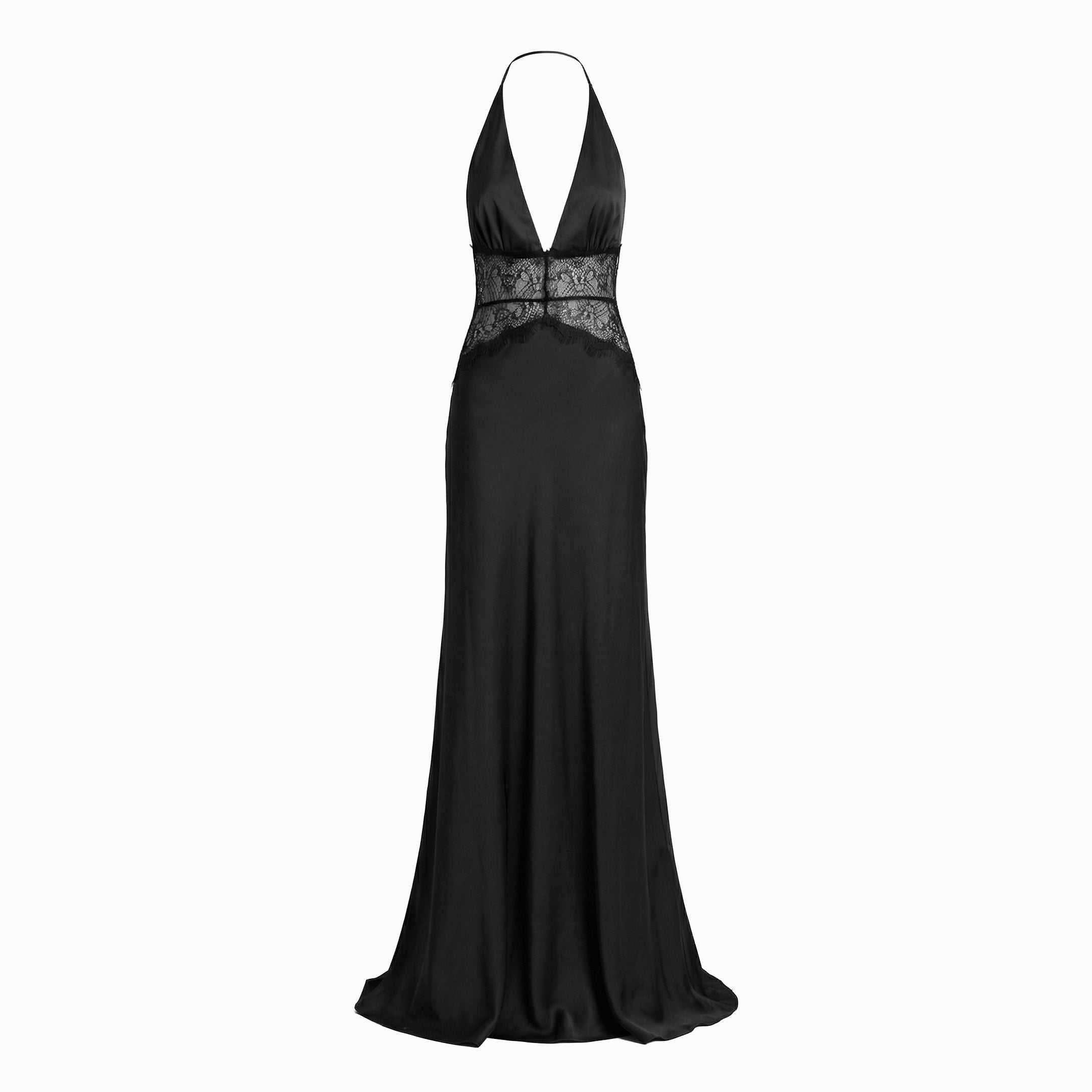 Abito lungo nero lingerie in raso di seta e pizzo
