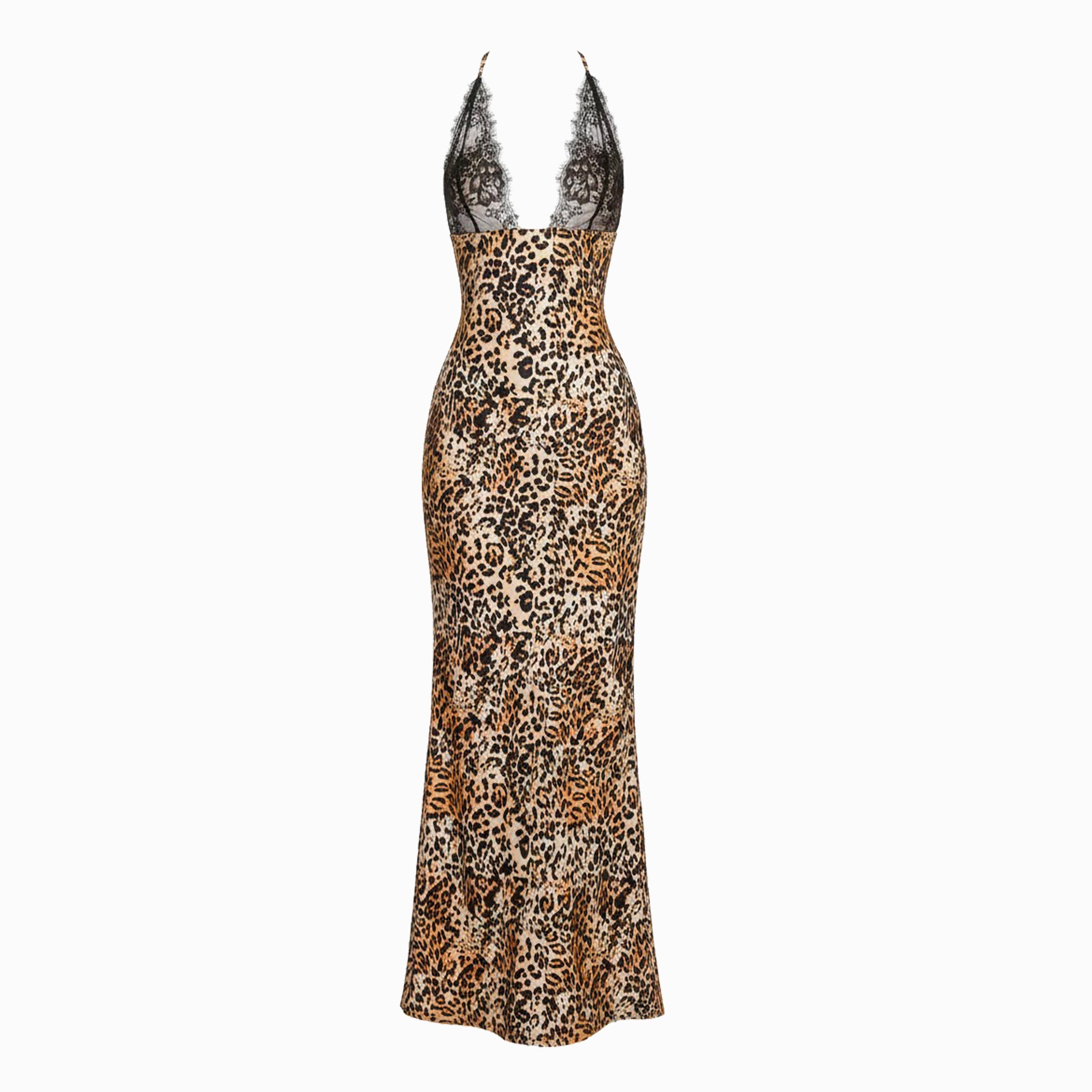 Leopard lace silk satin dress