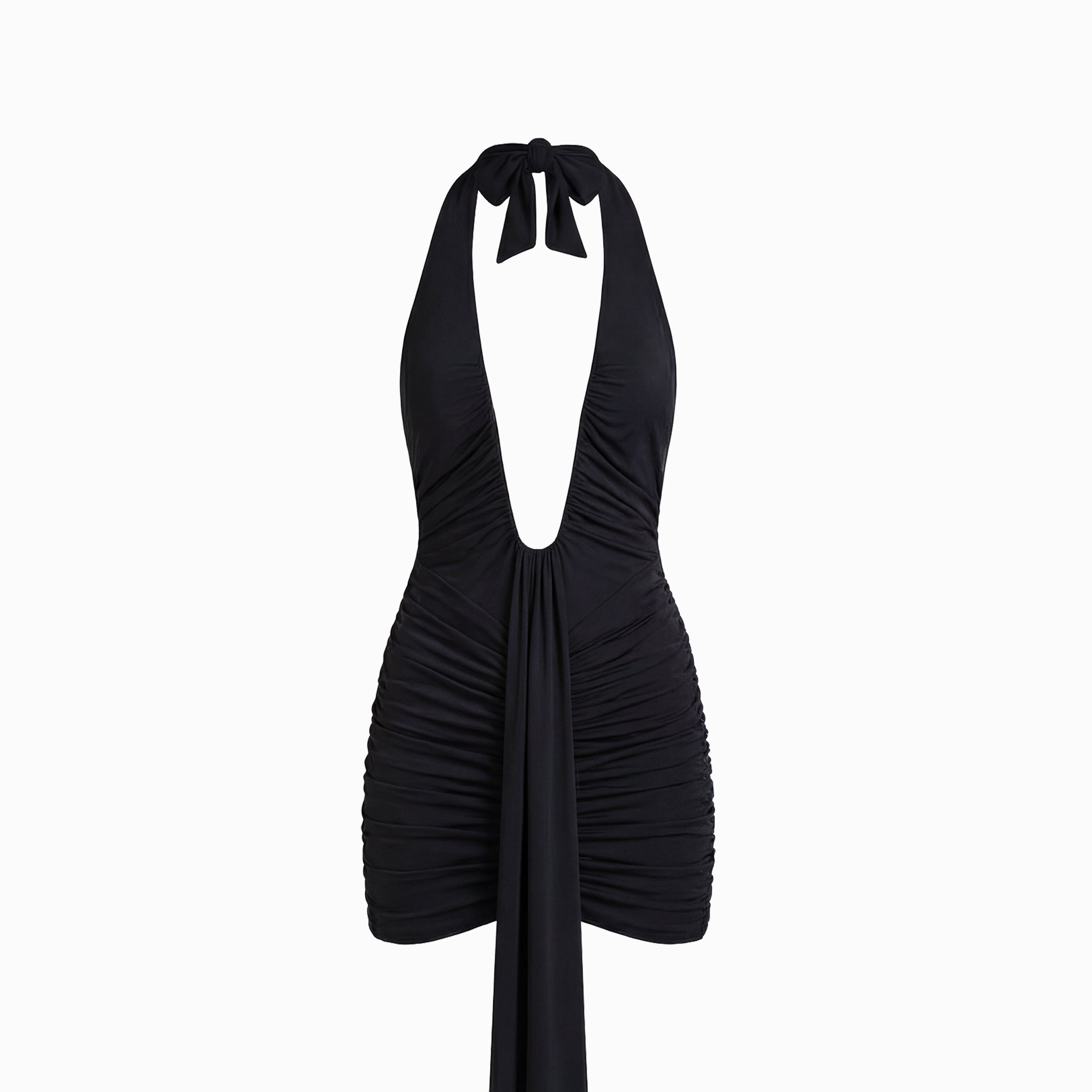 Mini abito nero con profondo scollo e drappeggi in mesh