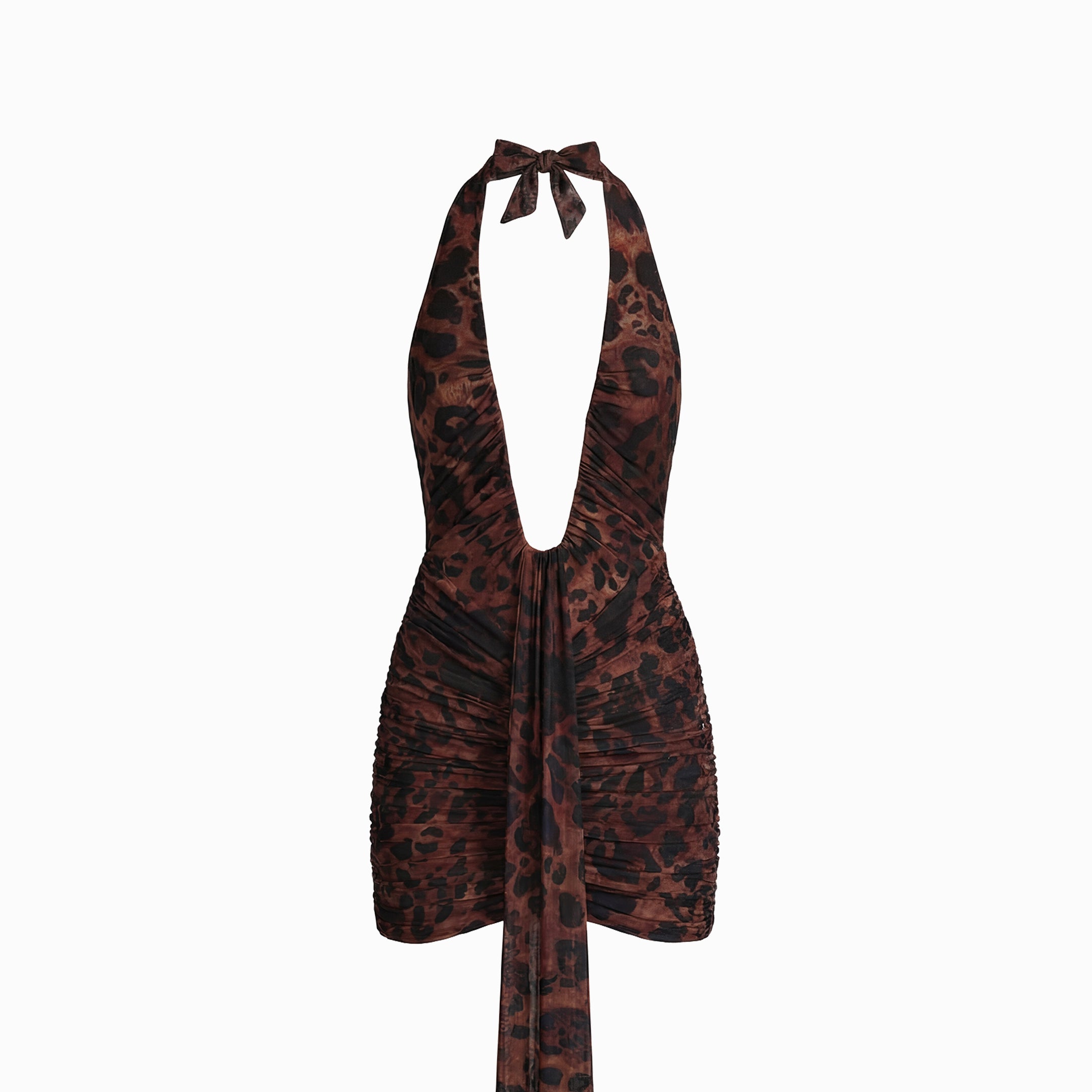 Mini abito leopardato con profondo scollo e drappeggi in mesh
