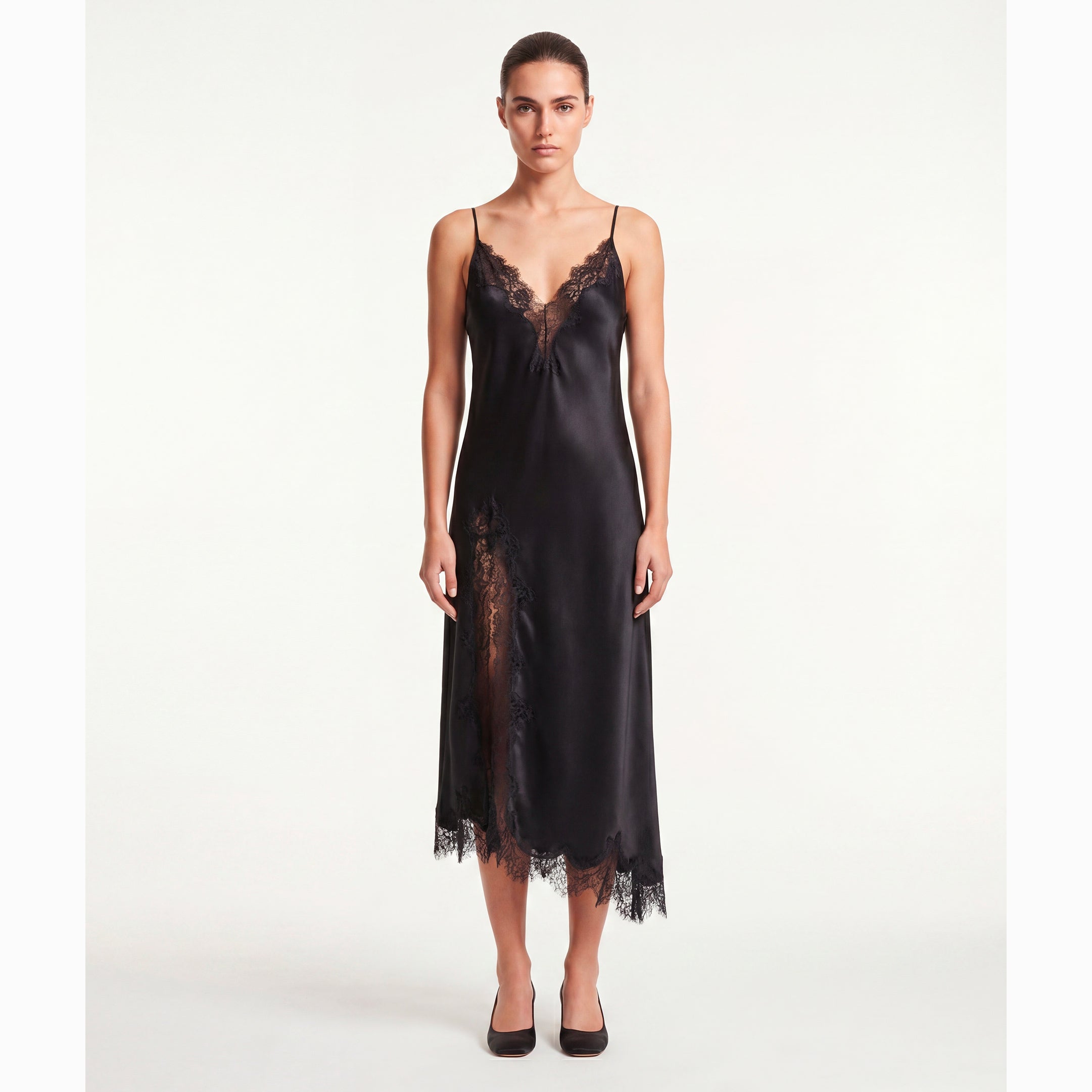 Black satin midi lingerie dress with lace details