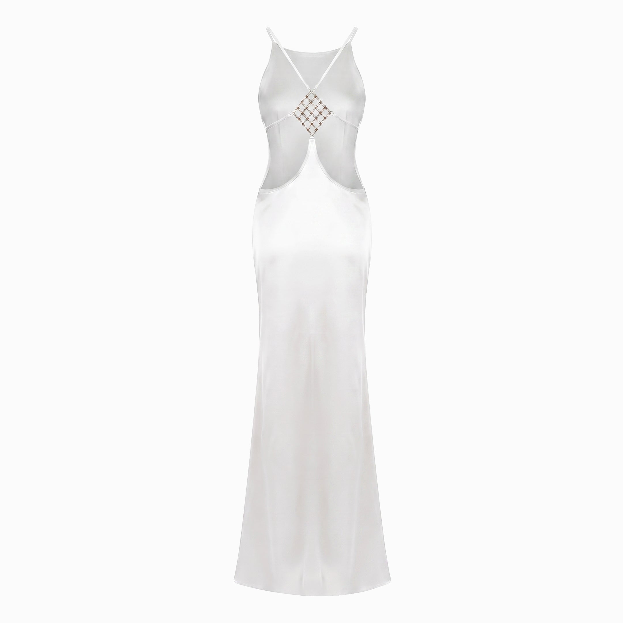 Long white satin dress with jewel detail