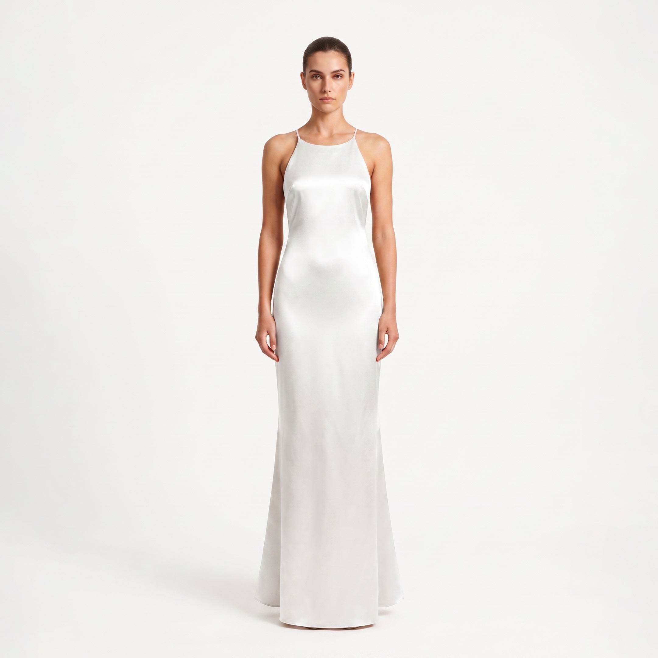 Long white satin dress with jewel detail