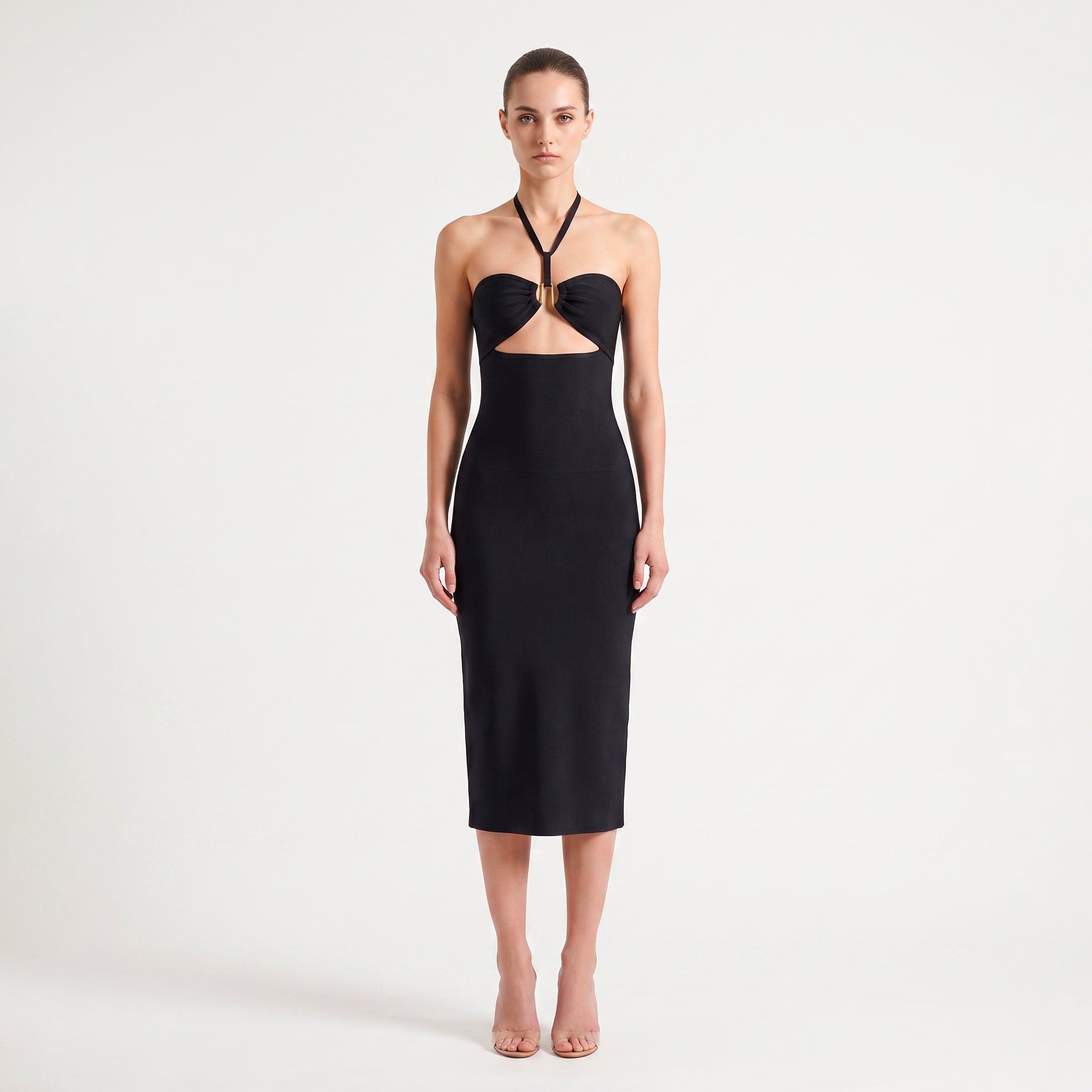 Abito midi nero fasciante con cutout