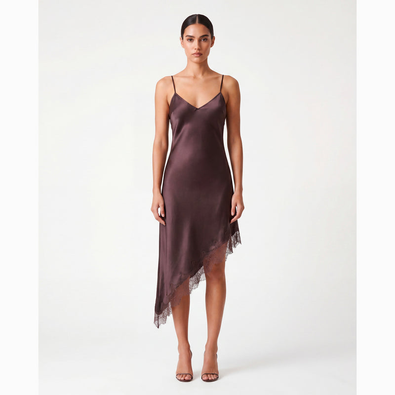 Mini abito lingerie marrone in raso e dettagli in pizzo