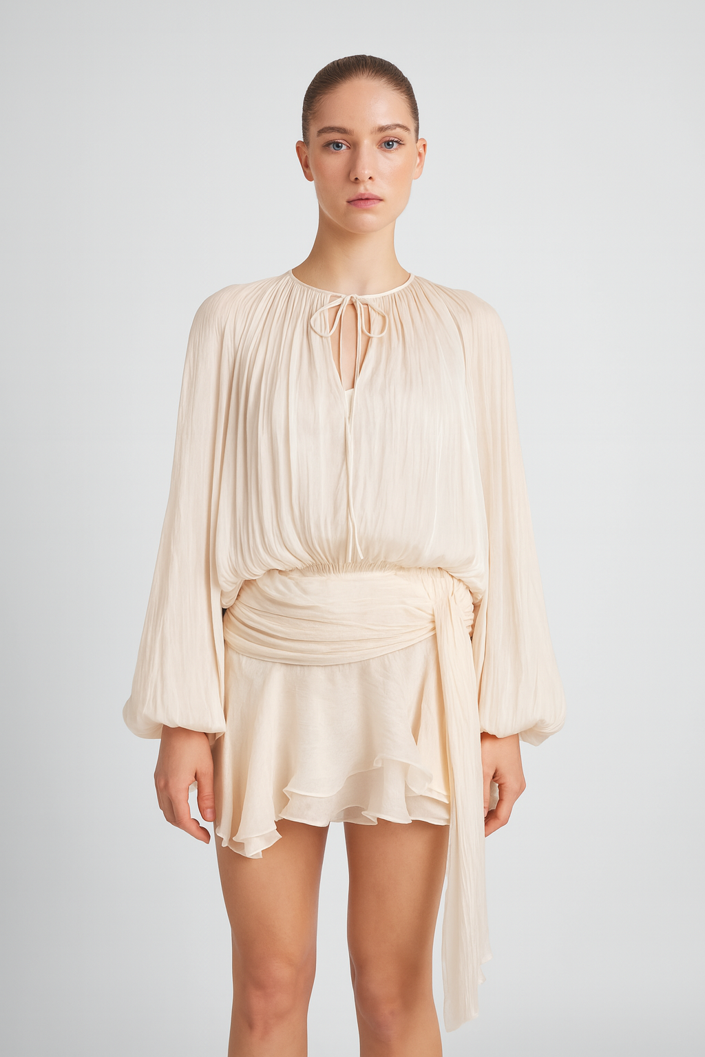 Champagne chiffon draped mini dress