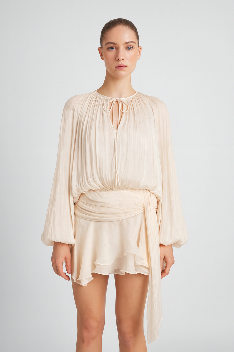 Champagne chiffon draped mini dress
