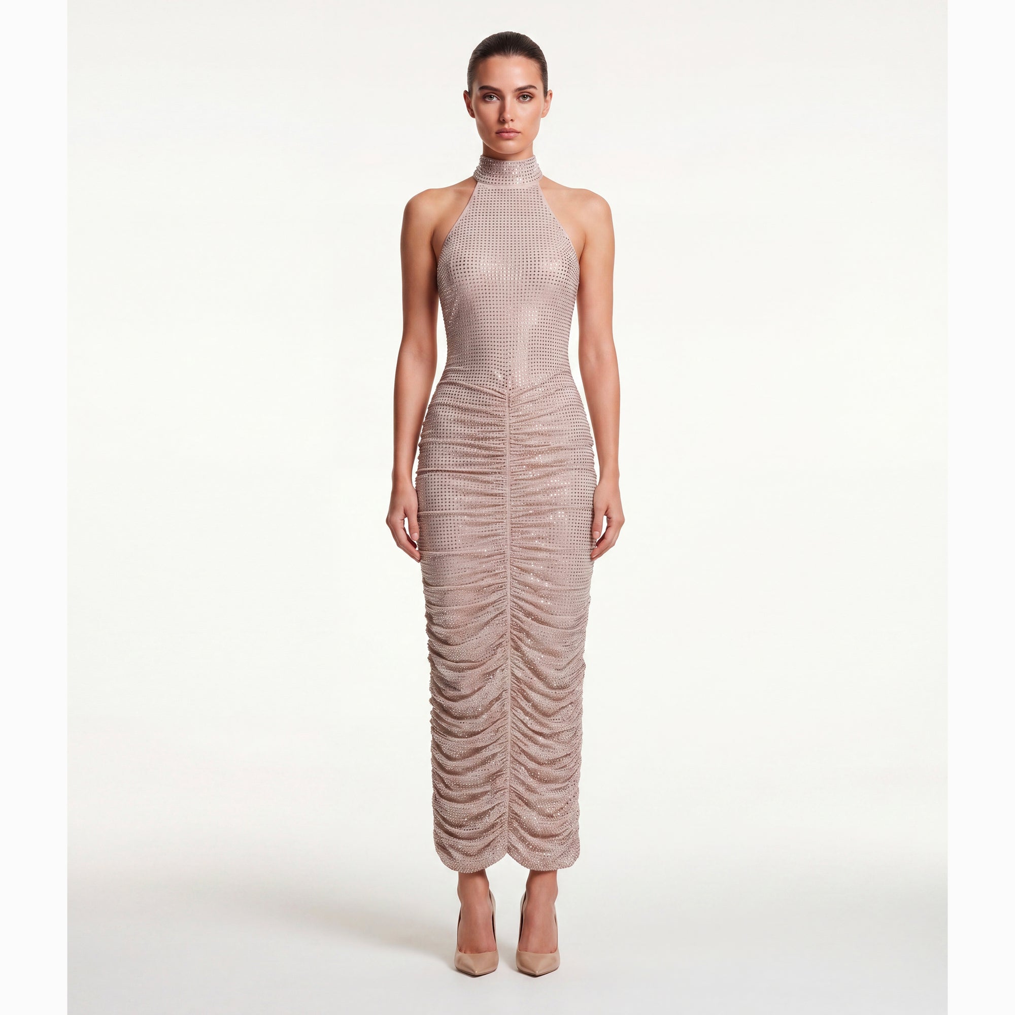 Nude crystals midi dress
