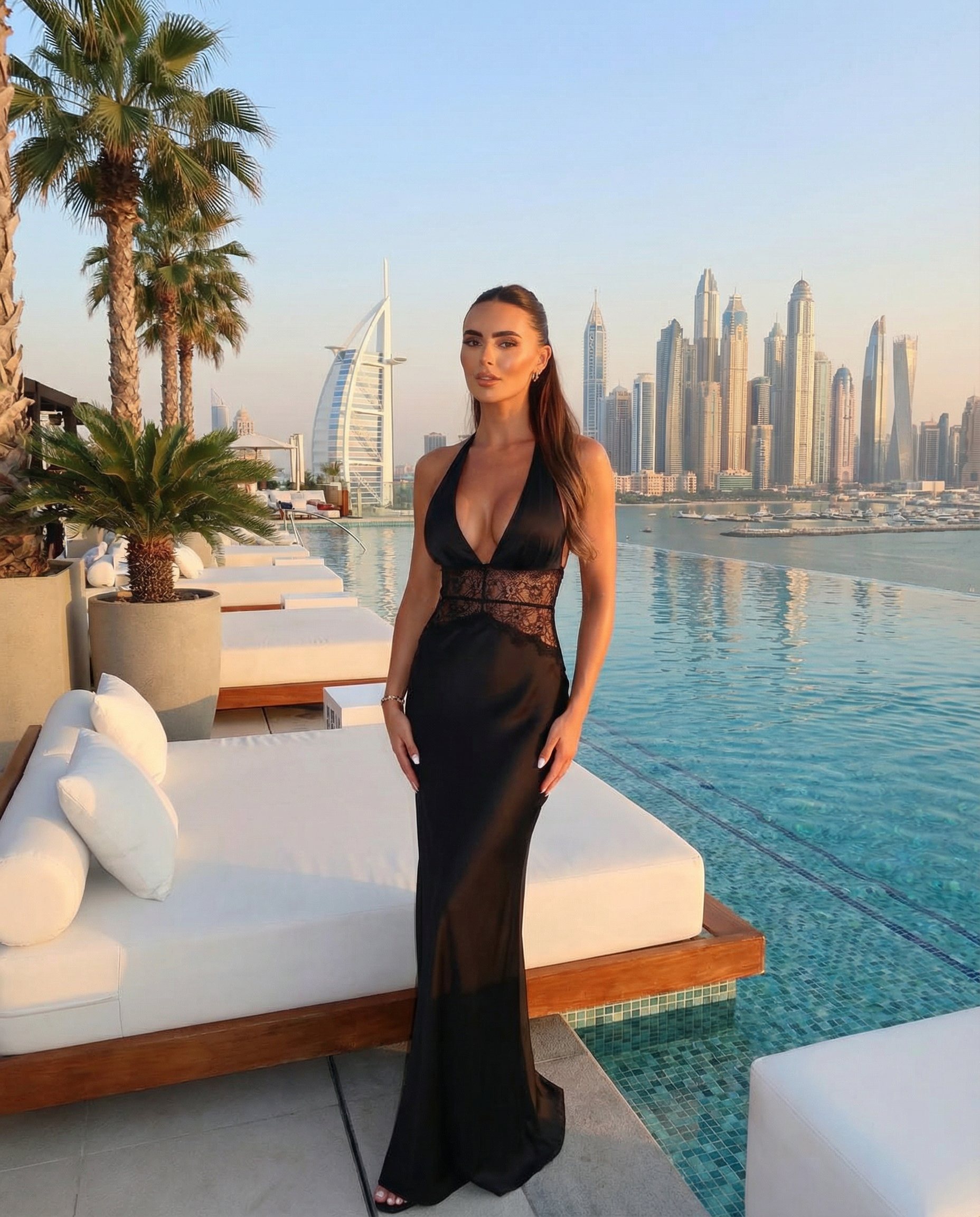 Abito lungo nero lingerie in raso di seta e pizzo
