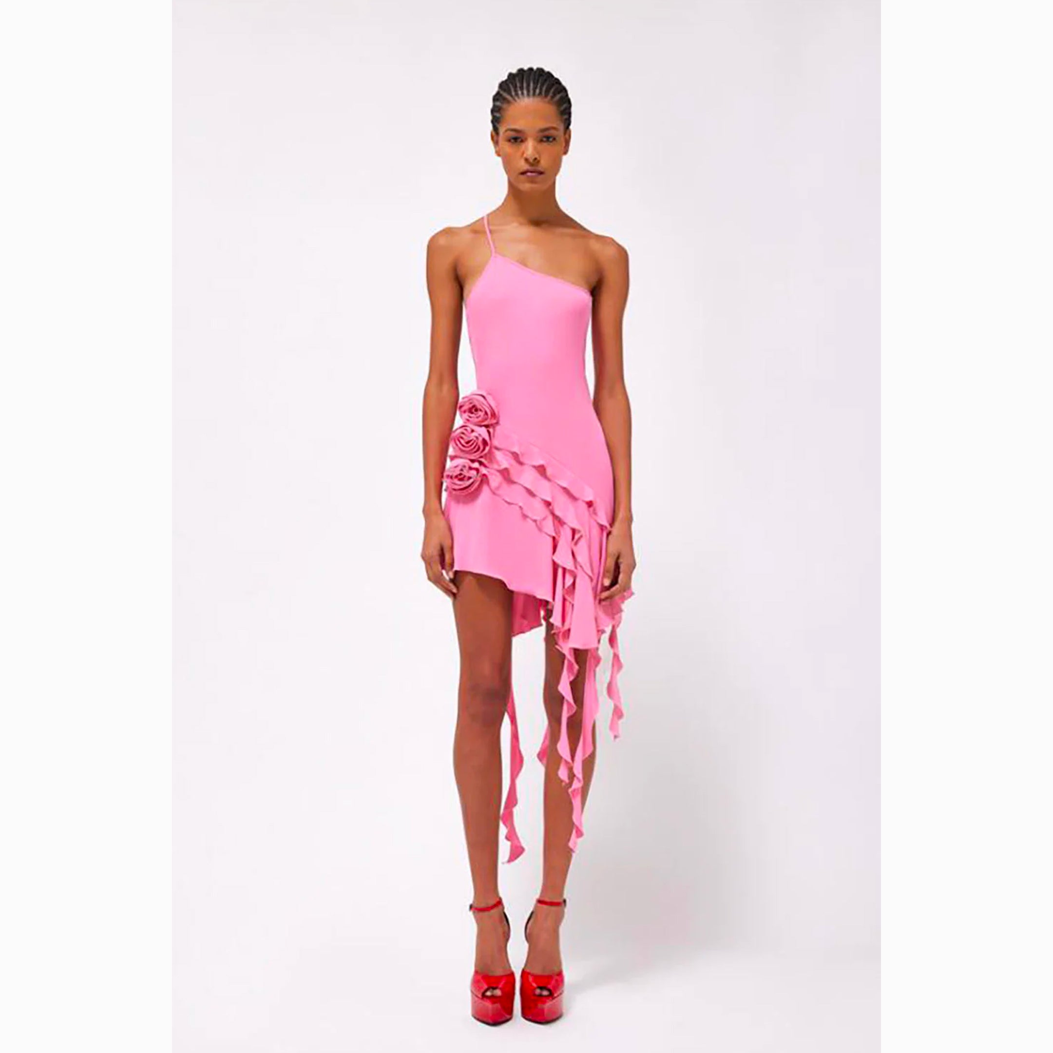 Mini abito rosa con rose in jersey