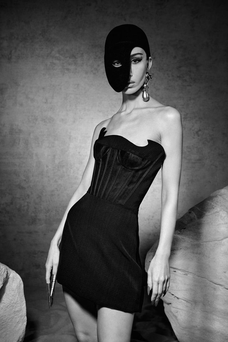 Black bustier satin mini dress