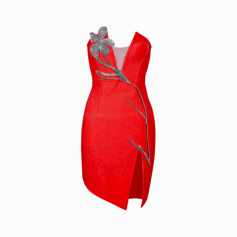 Red flower jewel mini dress