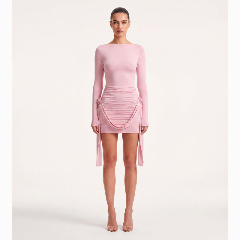 Mini abito rosa con dettagli floreali in jersey