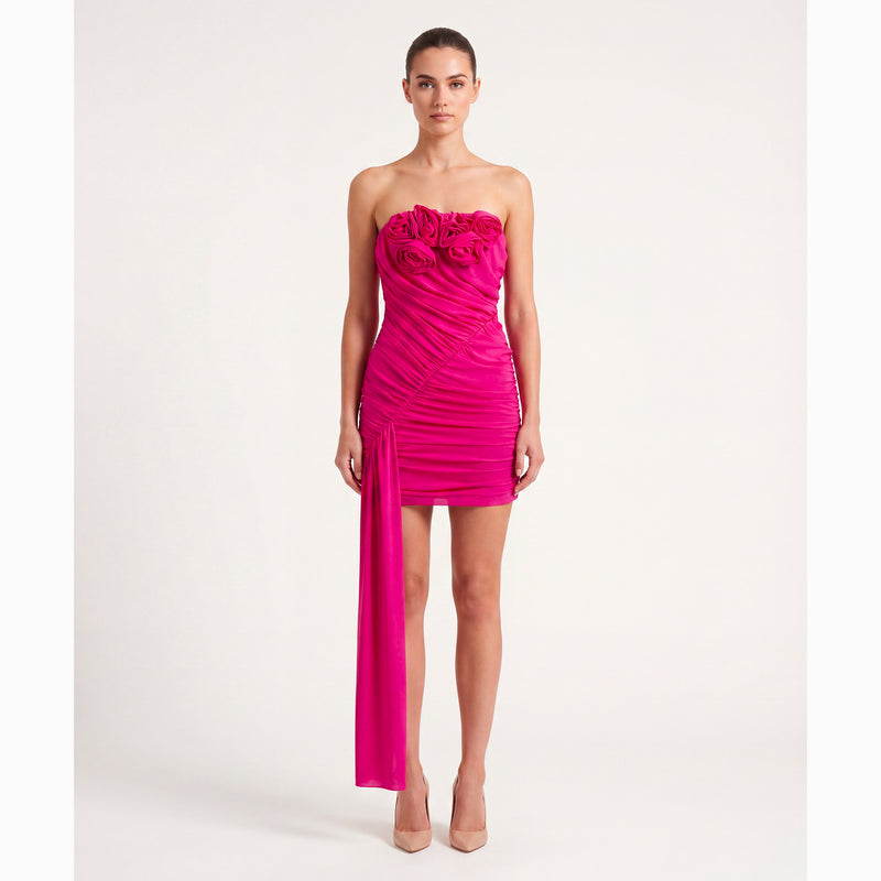 Fuchsia flowers draped mini dress