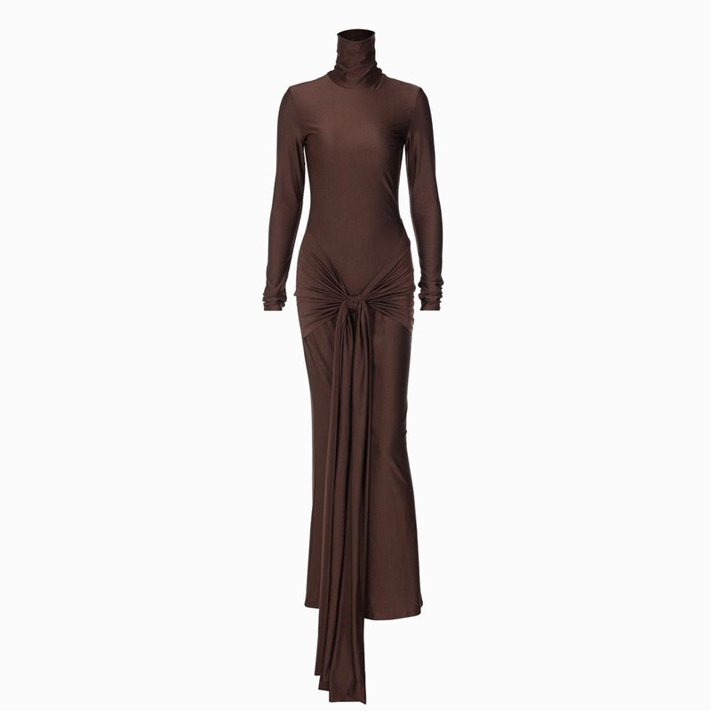 Chocolate draped high neck dress