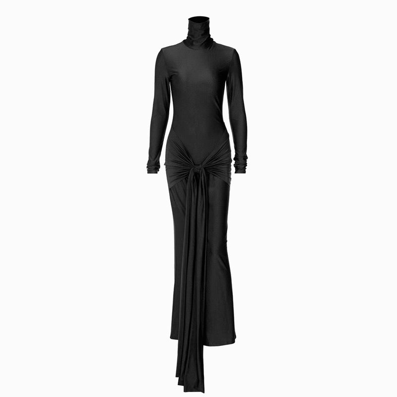 Black draped high neck dress