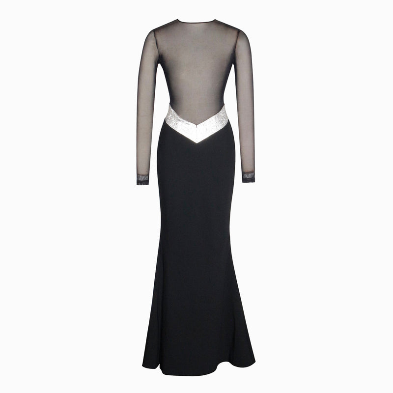 Black long sleeves sheer crystals dress