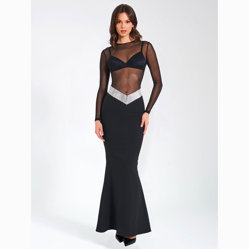 Black long sleeves sheer crystals dress