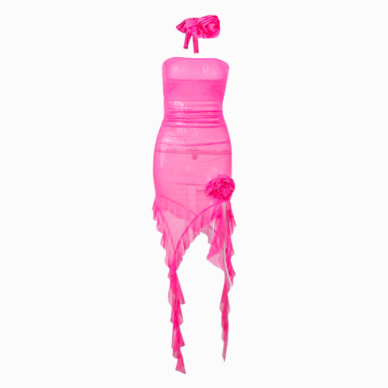 Fuchsia flowers mesh dress