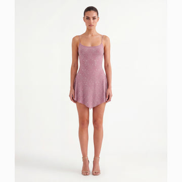 Mini abito rosa con cristalli in mesh