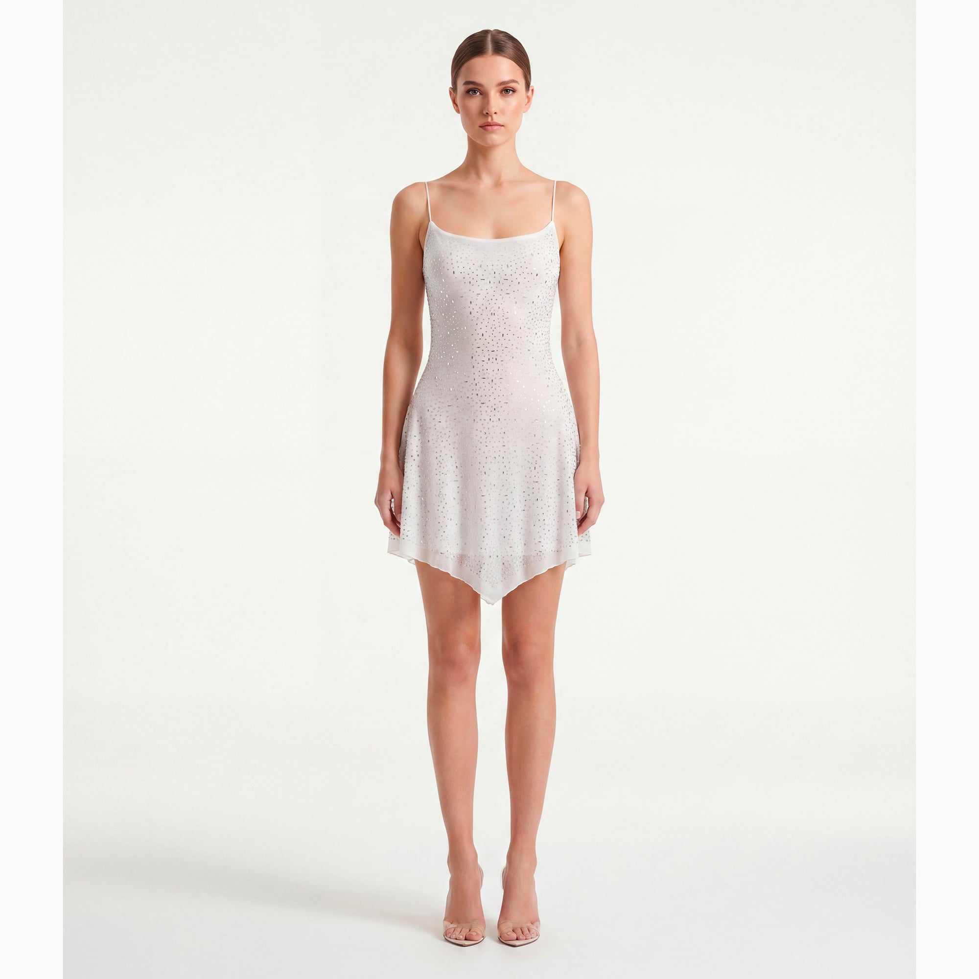 Mini abito bianco con cristalli in mesh