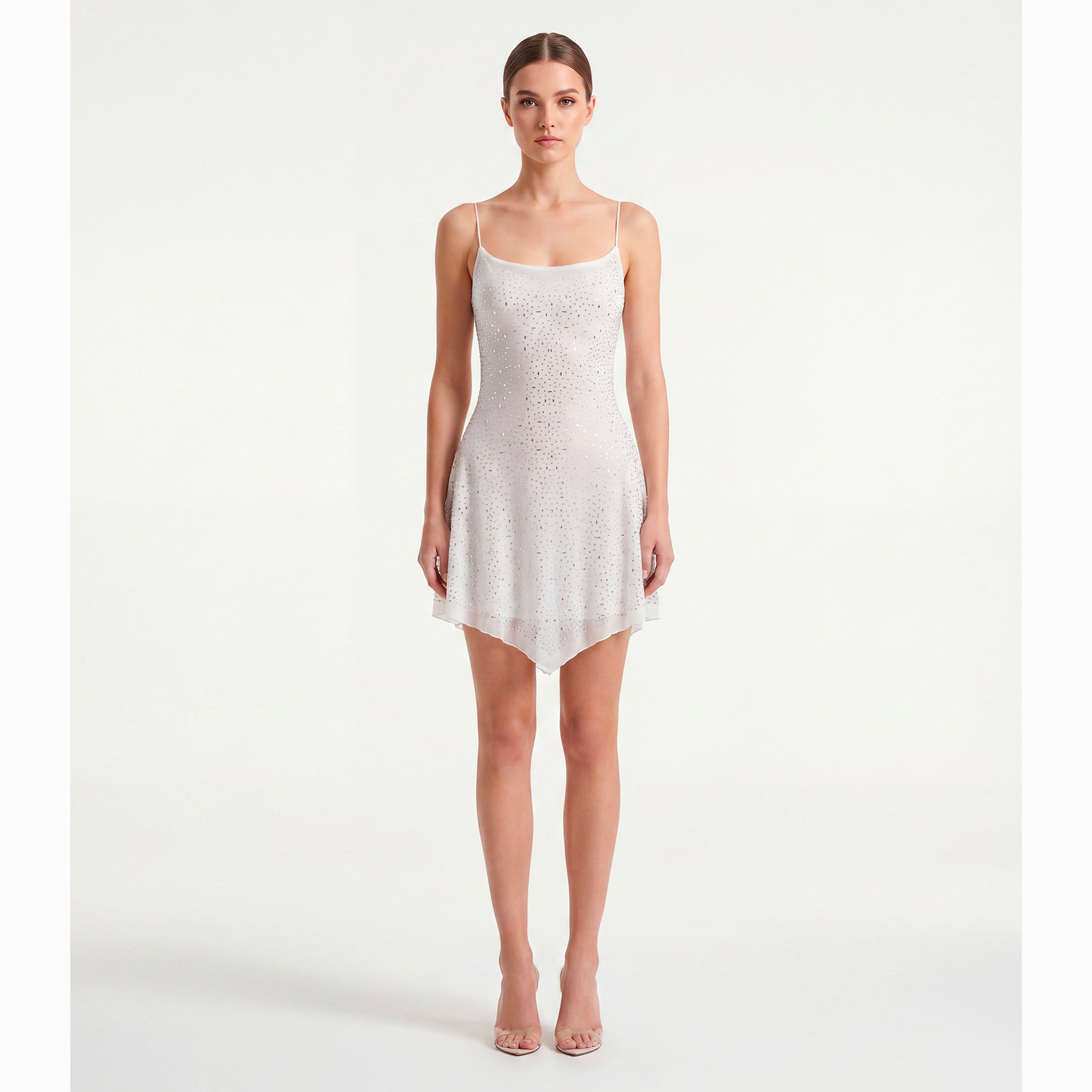 Mini abito bianco con cristalli in mesh