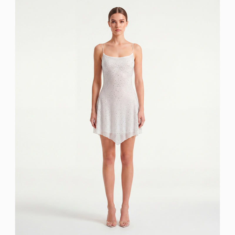 Mini abito bianco con cristalli in mesh