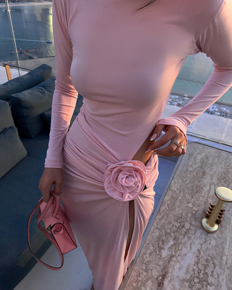 Pink cutouts flowers midi dress