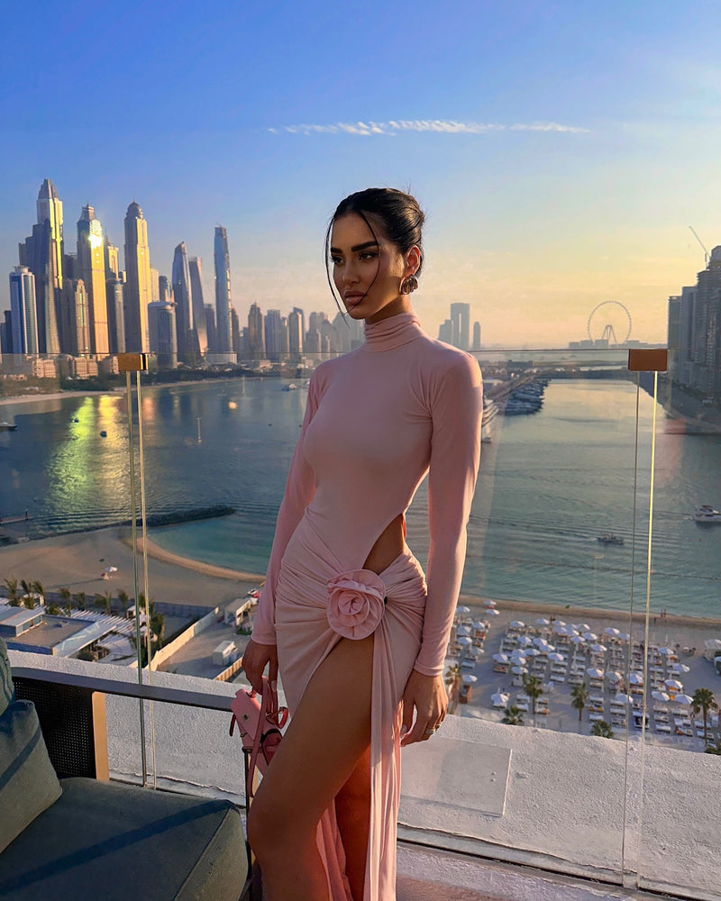 Pink cutouts flowers midi dress