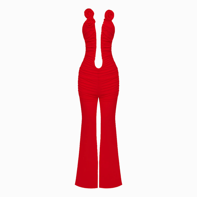 Red mesh roses jumpsuit