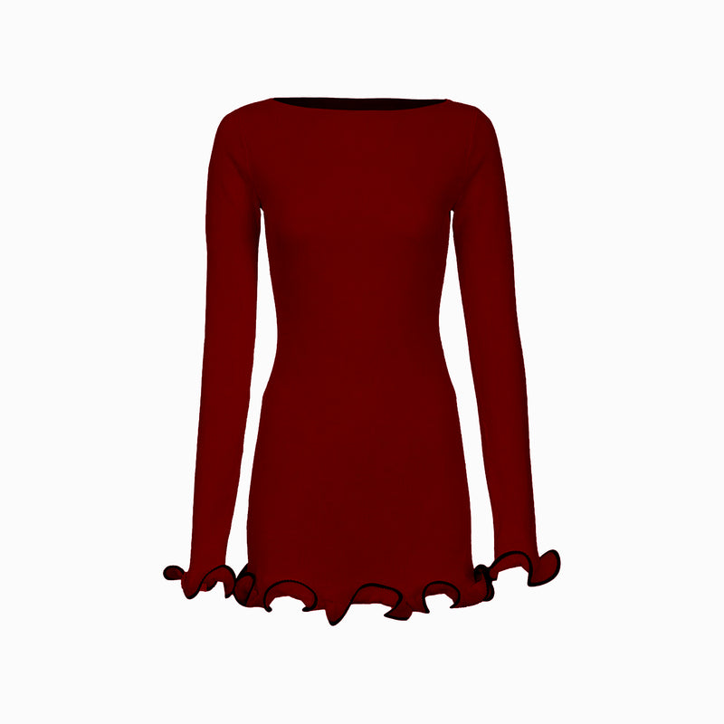 Burgundy ruffle hem mini dress