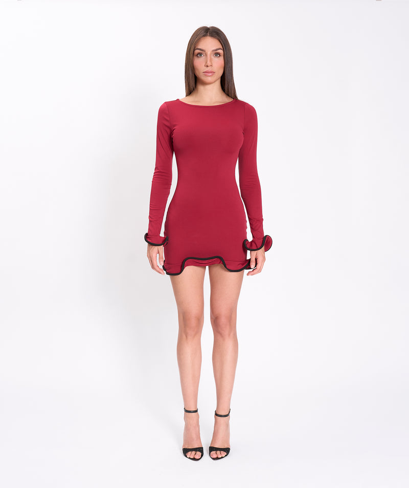 Burgundy ruffle hem mini dress