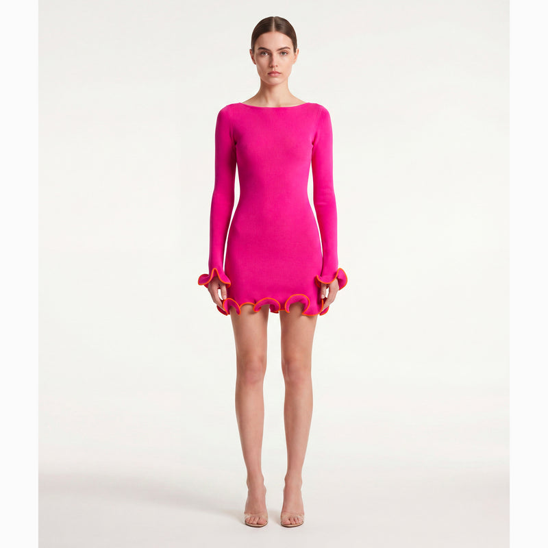 Mini abito fucsia con balze in maglina