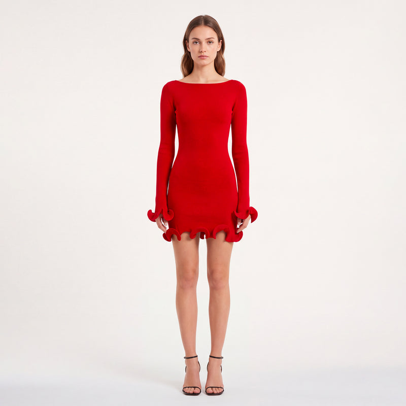 Mini abito rosso con balze in maglina