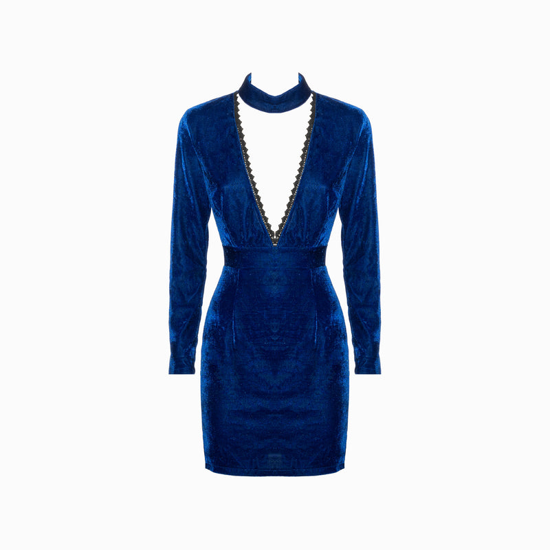 Blue velvet long sleeves dress