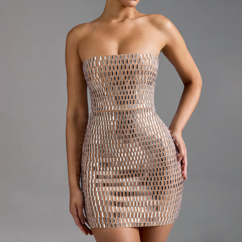 Nude crystals mini dress
