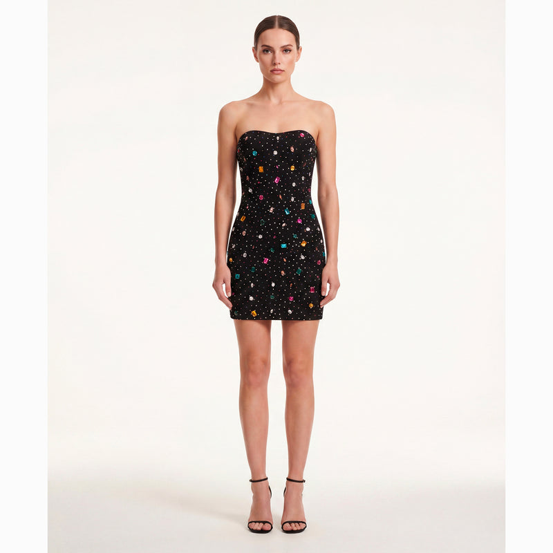 Black multicolor crystals mini dress