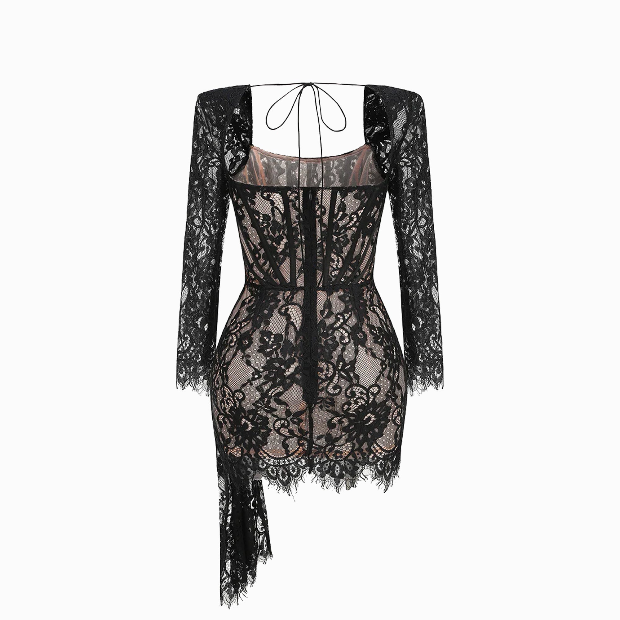 Black lace bustier long sleeves mini dress
