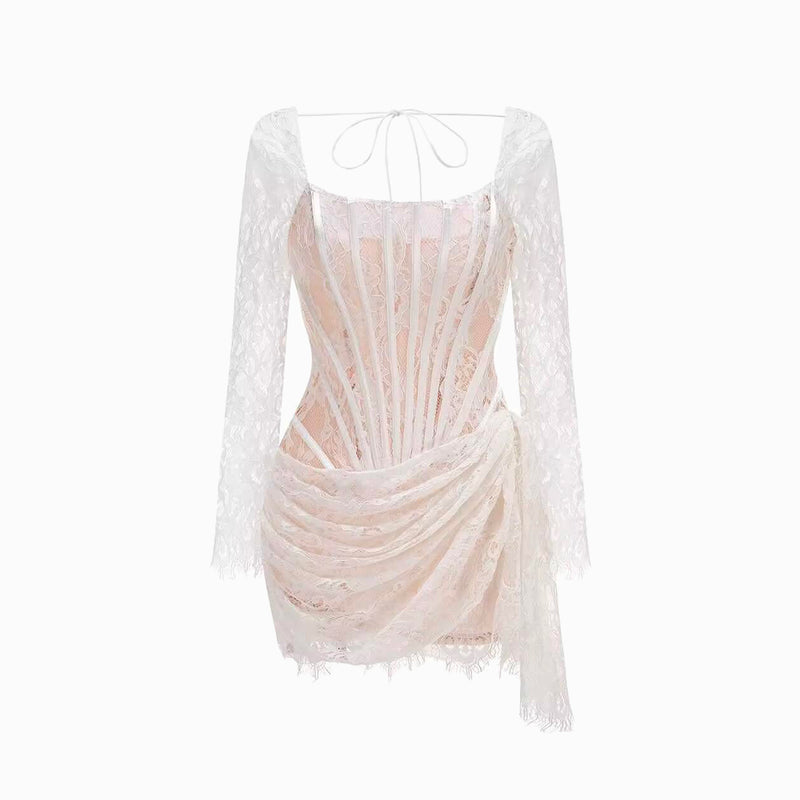 White lace bustier long sleeves mini dress