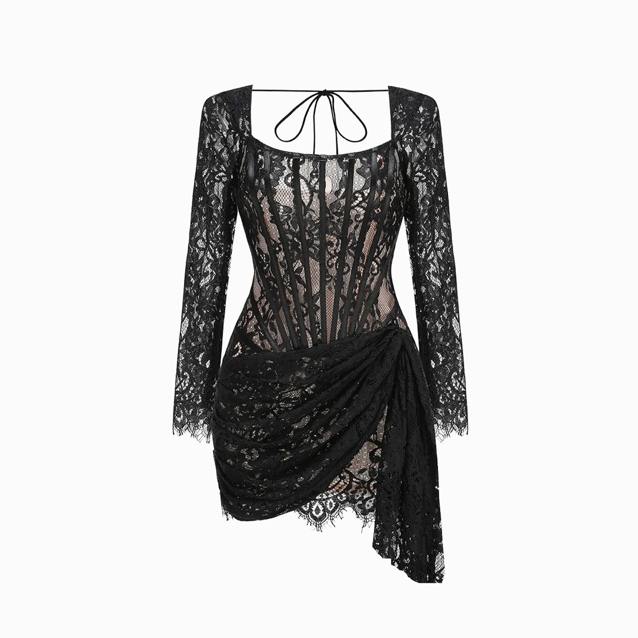 Black lace bustier long sleeves mini dress