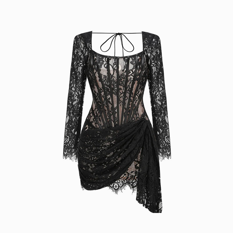 Black lace bustier long sleeves mini dress
