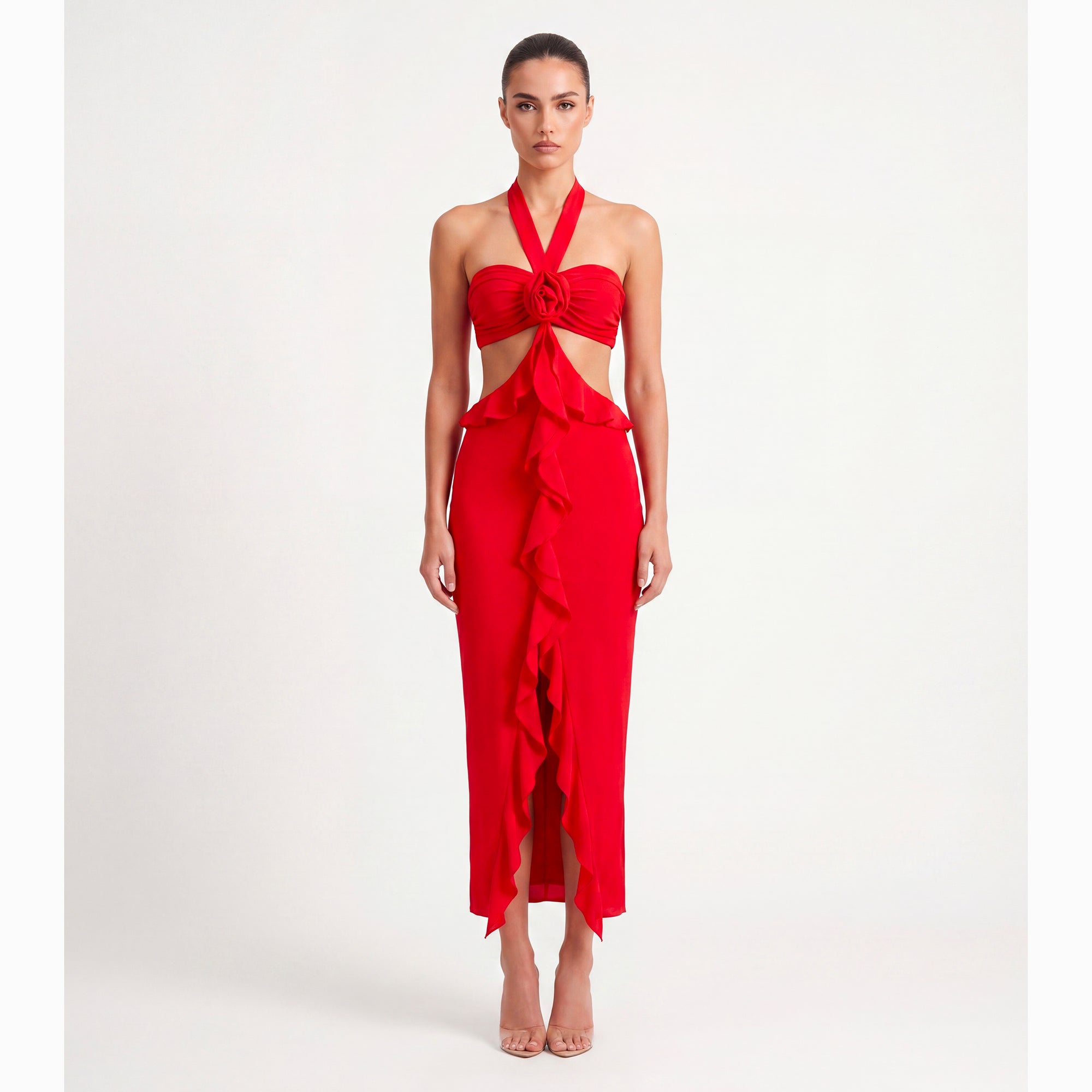 Red flowers midi dress