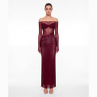 Abito lungo burgundy con scollo a fascia con cristalli in mesh