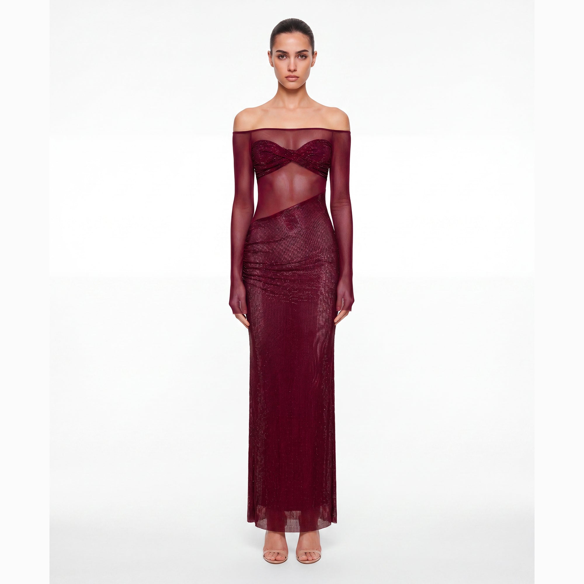 Abito lungo burgundy con scollo a fascia con cristalli in mesh